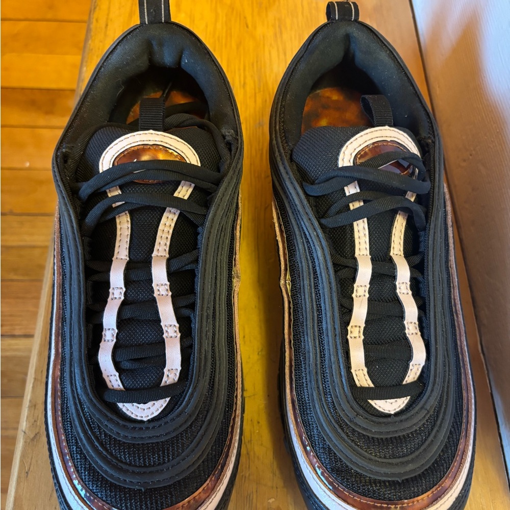 Air Max 97’ Black, White, Woodgrain Sneakers  (Copper/ Tortoise Accents)